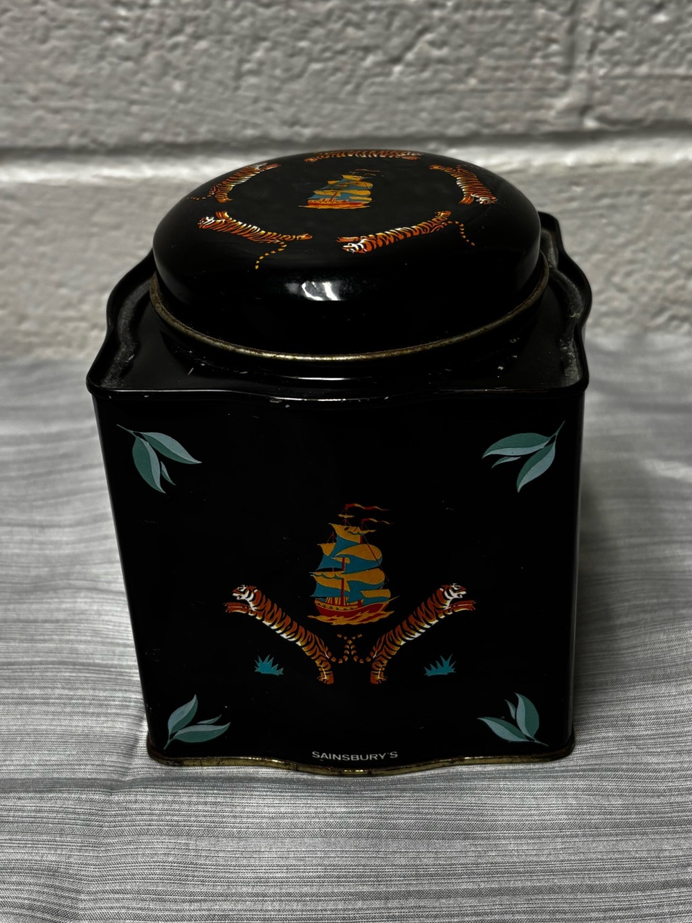 Sainsbury’s 1993 Assam Tea Caddy Vintage Black Tiger Ship Tin Decorative Storage